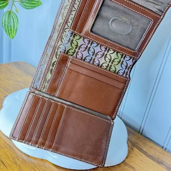RARE Fossil Wallet Trifold Canvas Monogram Brown Leather Vintage Beautiful - Picture 6 of 11